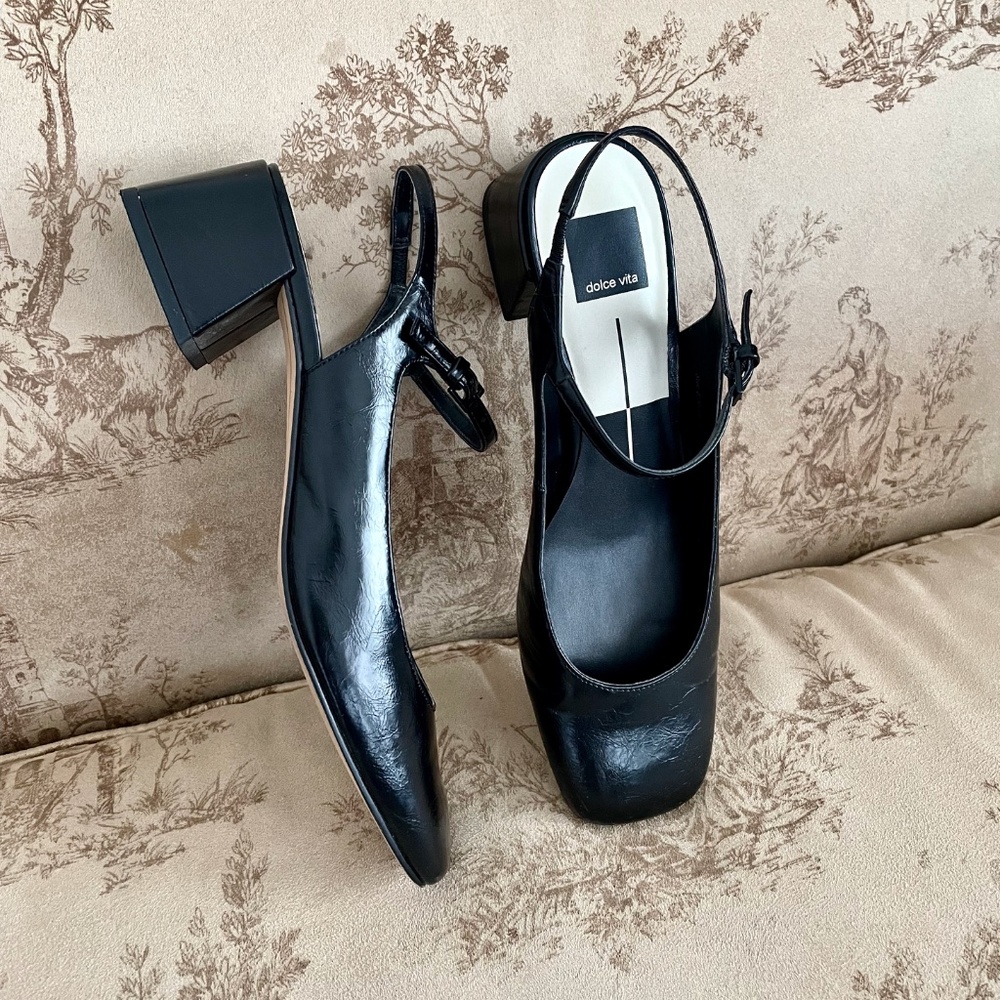 Dolce Vita Maggi Heels Midnight Crinkle Black Patent Block Heel Mary Jane - 8